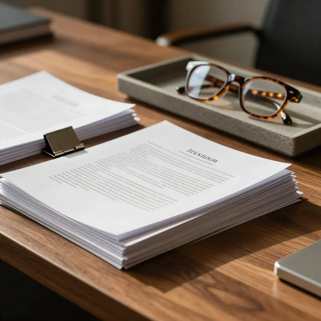 Walnut desk with marked papers, glasses, binder clip, and stone tray in warm window light.