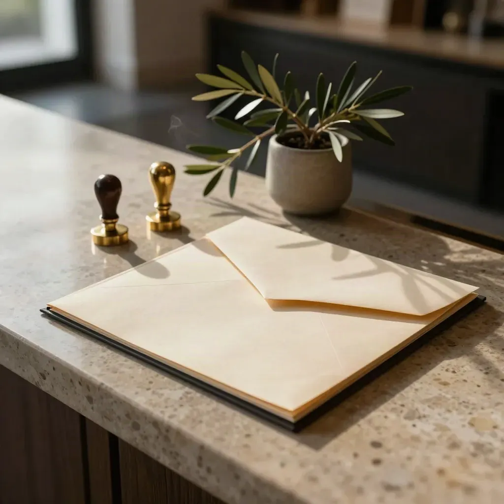 Embossed folder, brass stamp, bank envelope, and olive plant on a reception counter.