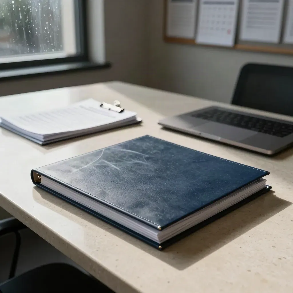 Top-down legal compliance binder, closed laptop and audit notes on travertine by a rainy office window