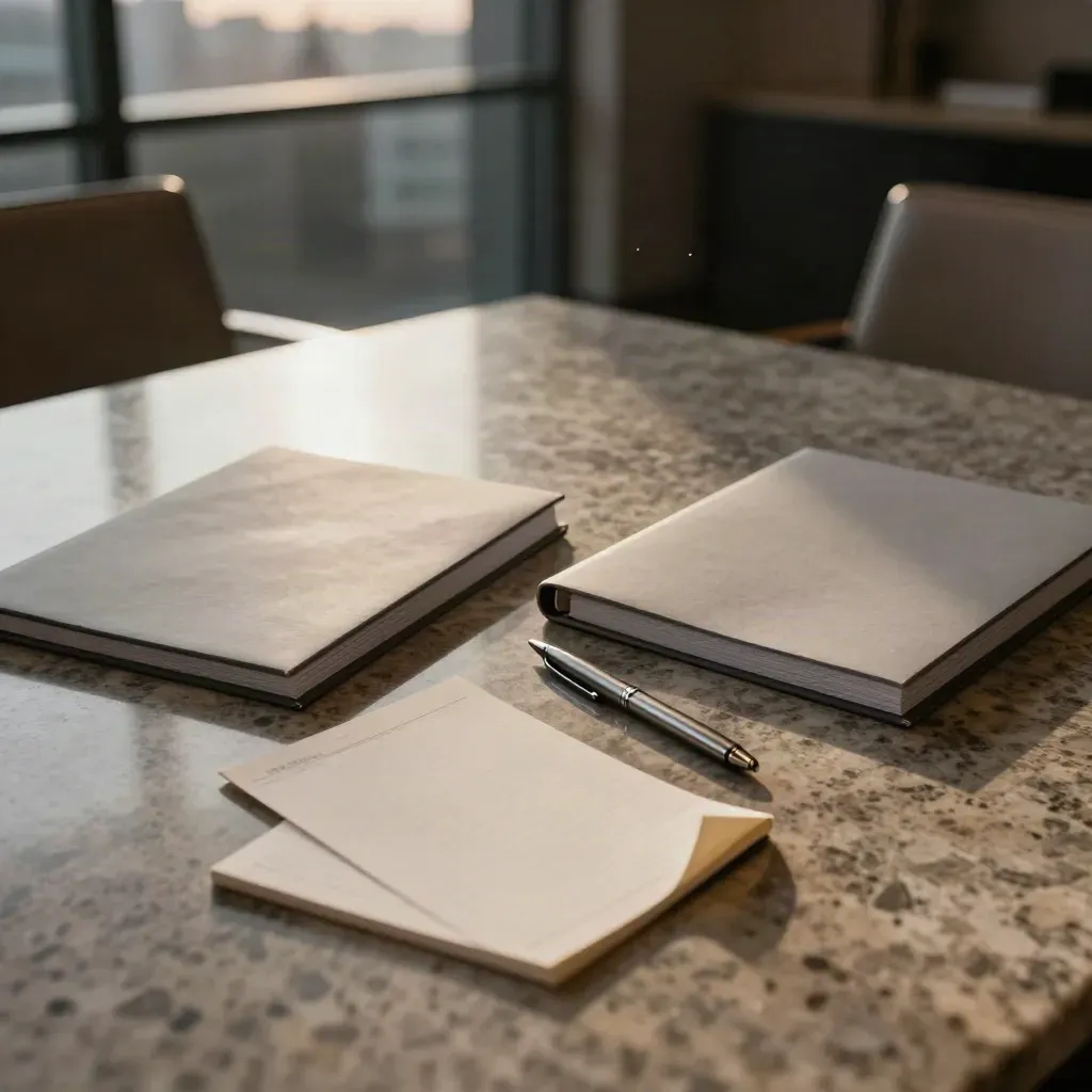 Two folders, a notepad, and a pen on a travertine conference table at dusk.