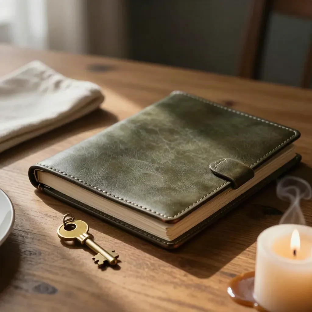 Leather estate folder, brass key, linen napkin, and candle on a sunlit dining table.