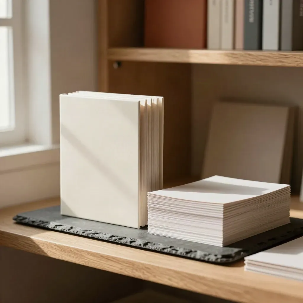 Sample product box, blank sleeve, and turned packaging proofs on a warm studio shelf in soft daylight.