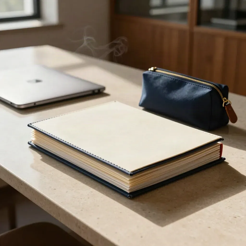 Founder folders, closed laptop, and office pouch on a sunlit legal conference table.