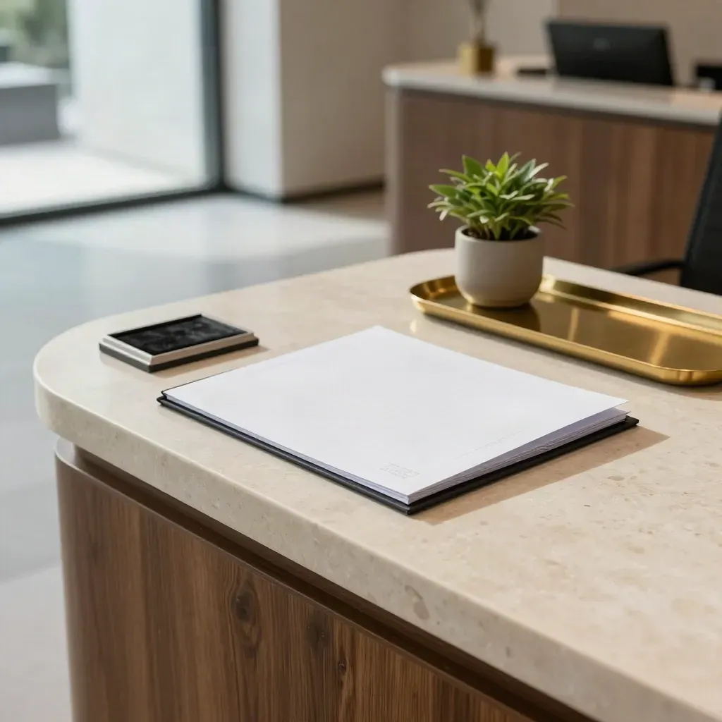 Legal filing counter with embossed folder, stamp pad, and potted plant in a modern lobby