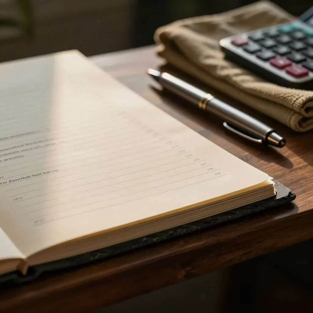 Face-down legal folder, calculator, pen and folded cloth on a narrow desk in soft afternoon light.