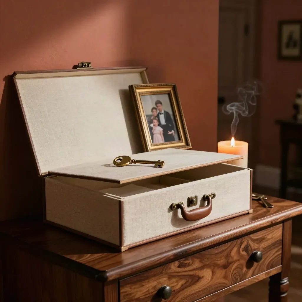 A candlelit estate document box with key and turned photo on a walnut console.