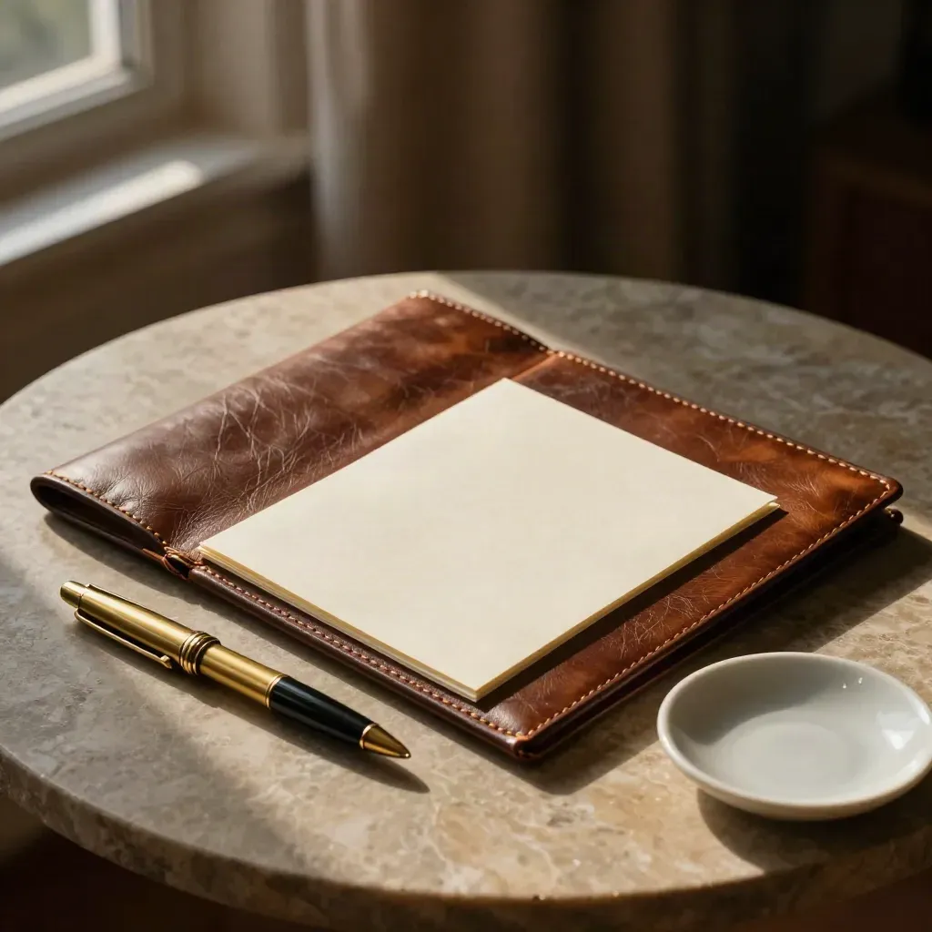 Legal dispute folder, folded note card, pen and ceramic dish on a stone side table in warm evening light.