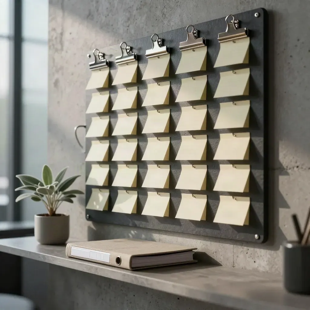 Wall-side compliance board, binder and plant in cool morning light, shot slightly from below.