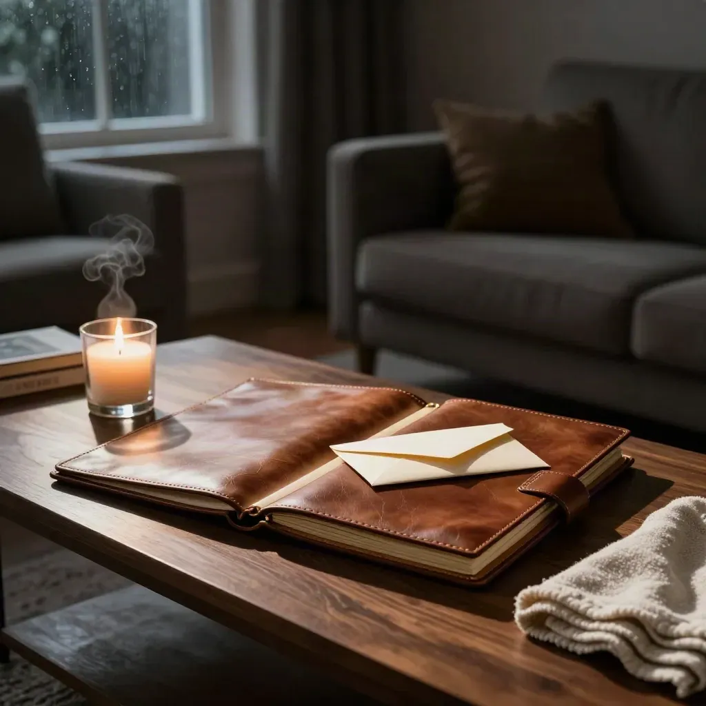 Leather family document portfolio, sealed envelope, candle and throw on a cozy living-room table.