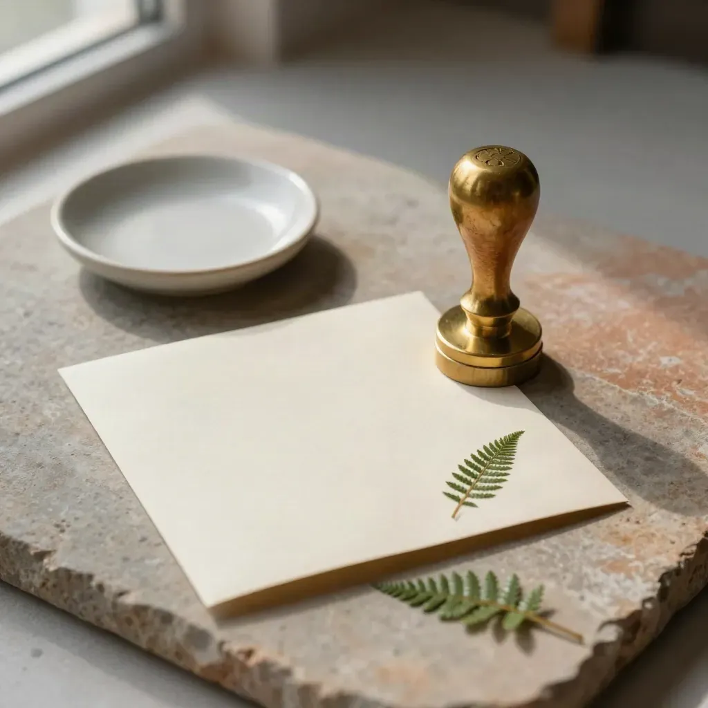 Brass company stamp beside a folded certificate packet, fern sprig, and ceramic dish on stone.
