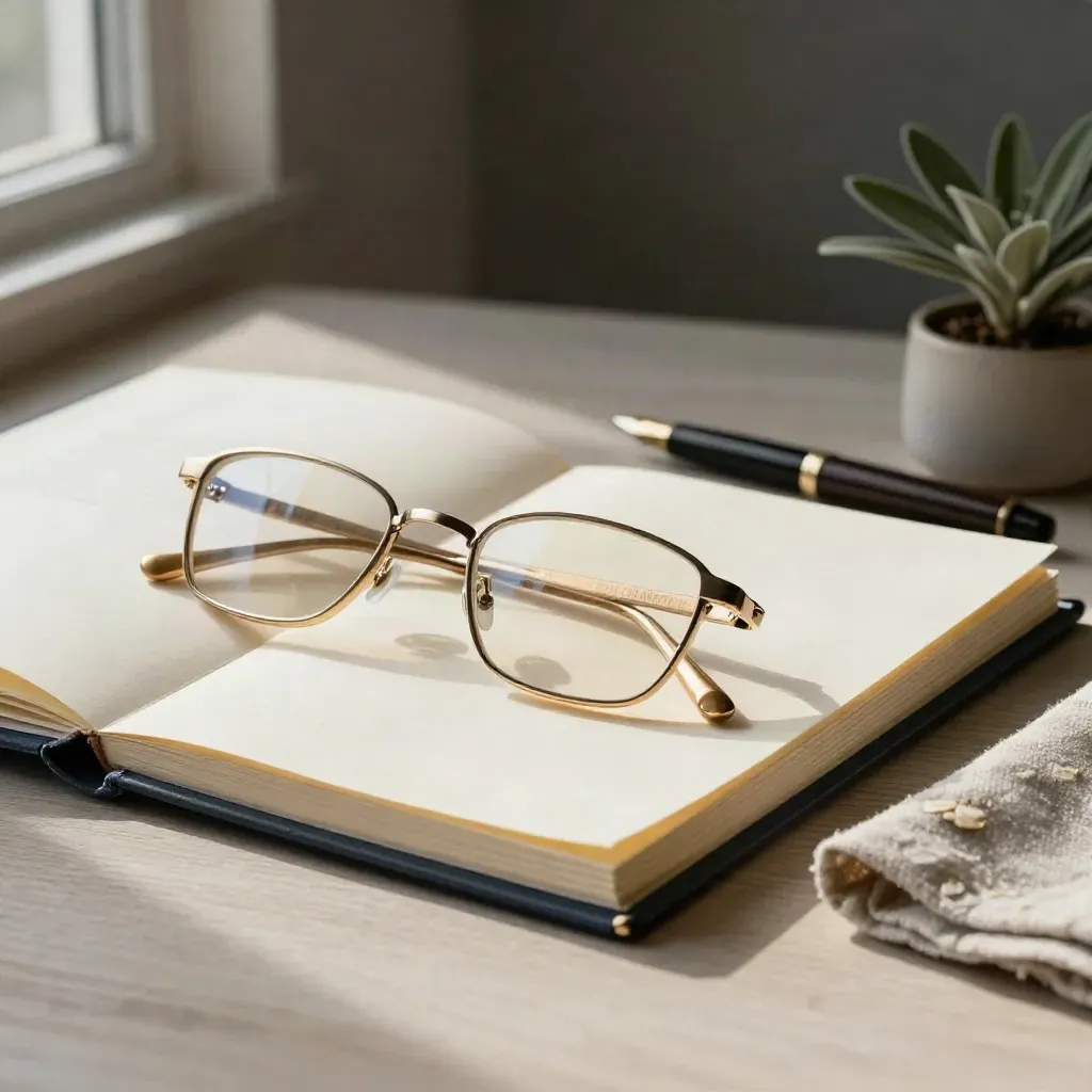 Reading glasses on a cream folder with pen, cloth, and plant on pale wood