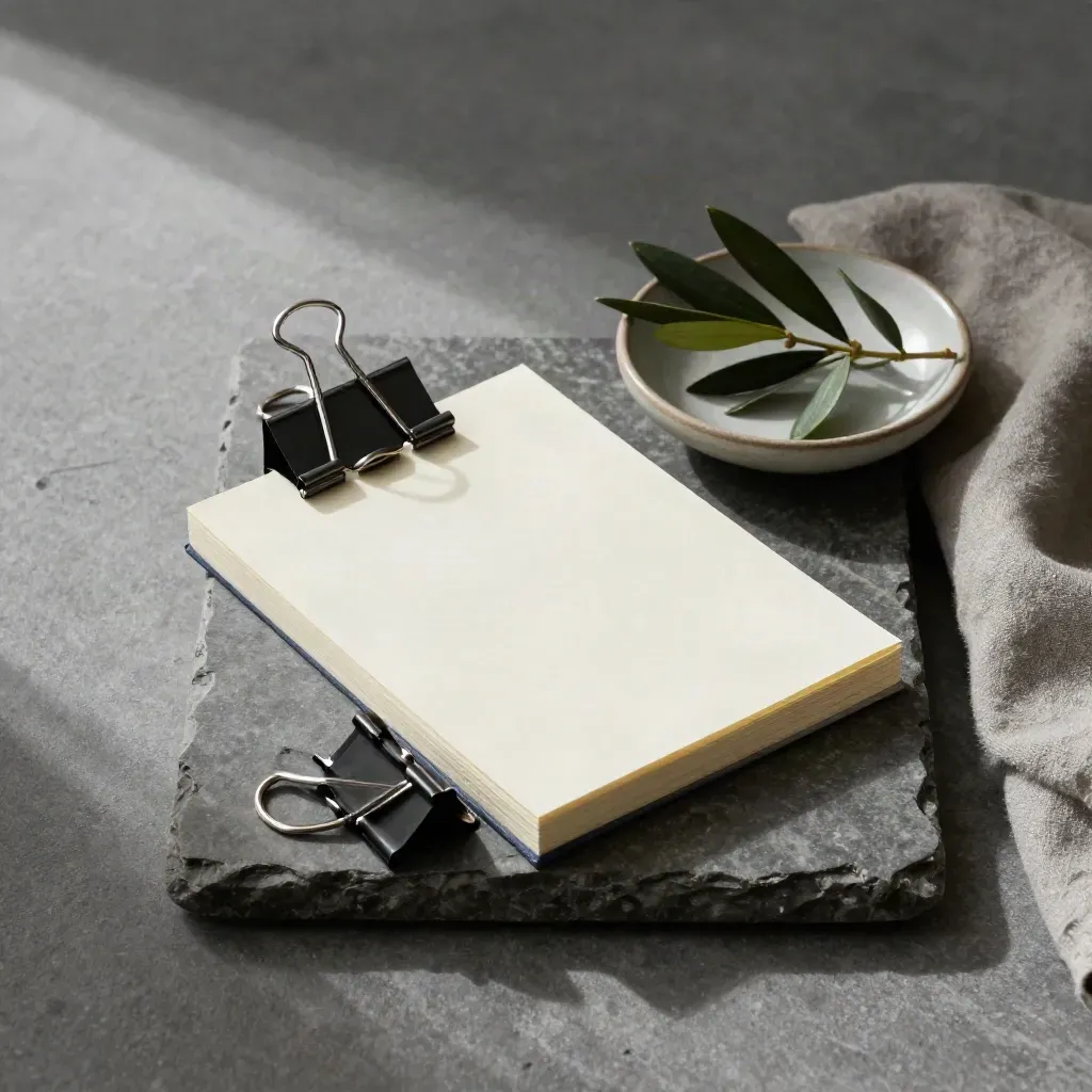 Top-down still life of binder clips, notepad, ceramic dish, and olive branch on a stone tray.