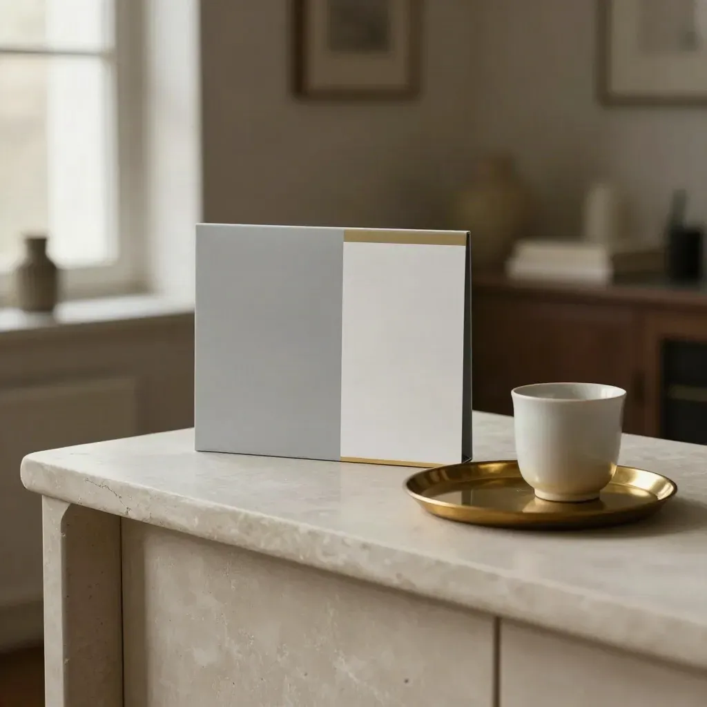 Sample packaging sleeve, face-down label sheet, brass tray, and ceramic cup on a sideboard in soft morning light.