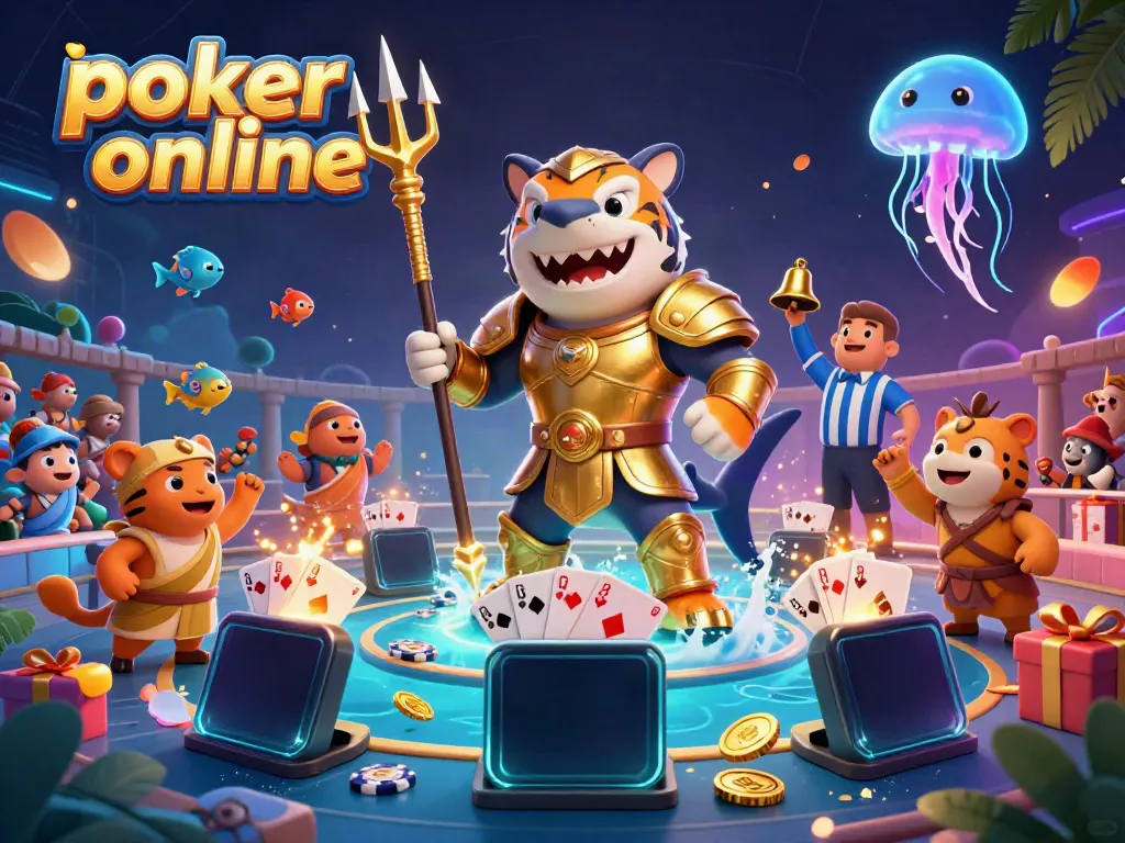 Engage with poker online in a vibrant underwater scene featuring a gladiator shark among festive elements.