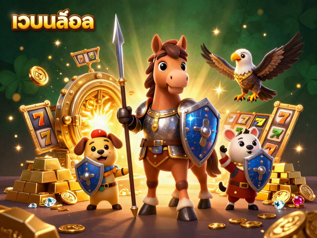 Experience เว็บสล็อต excitement with a knight, squire, and falcon amidst treasures and slot reels.