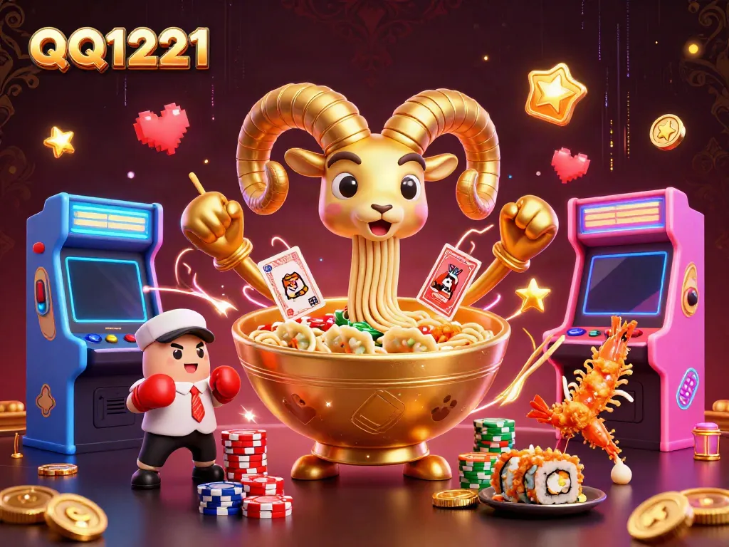 Engage in thrilling gaming with QQ1221, showcasing a vibrant casino scene with animated characters and neon elements.