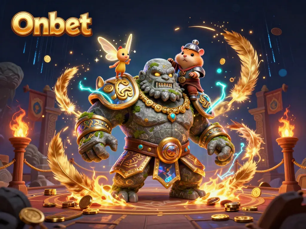 Onbet scene showcasing a stone golem with a hamster knight and fairy amidst magical casino elements.