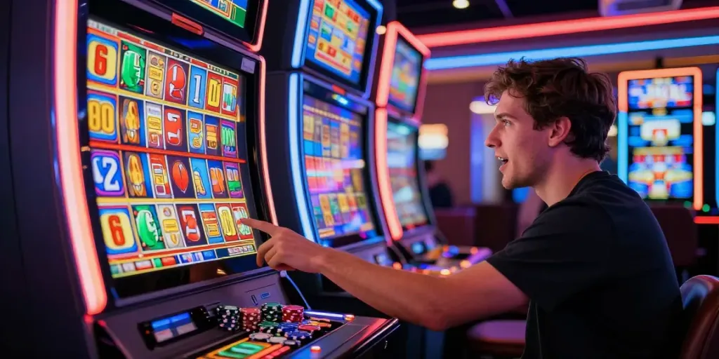 A player focused on spinning a สล็อต machine in a lively casino atmosphere.