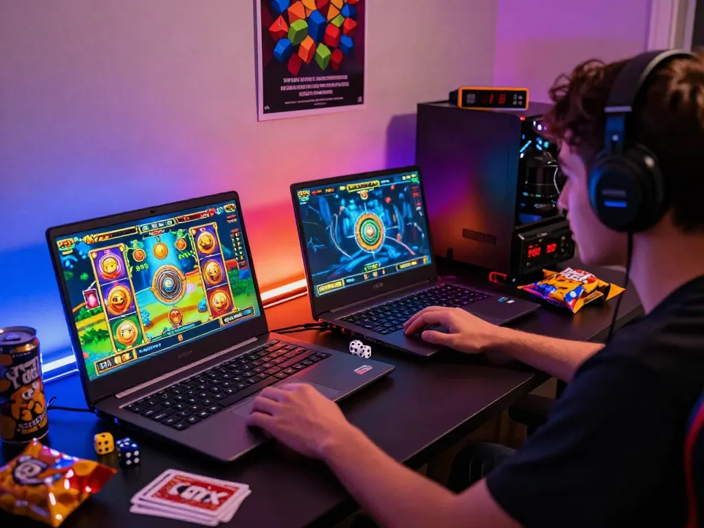 Player focused on hargatoto online slot game with vibrant graphics and gaming elements