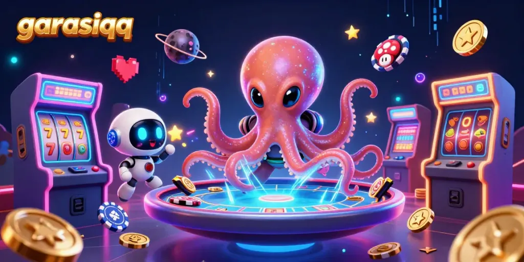 Experience garasiqq with a thrilling 3D poker scene and vibrant casino elements in space.