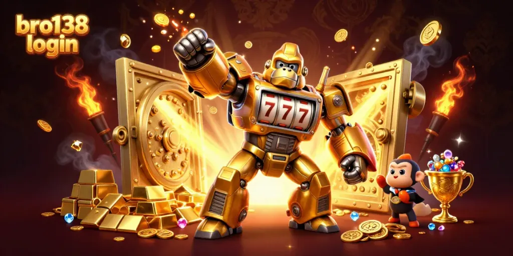 Experience the thrill of bro138 login with engaging graphics of golden gorilla mech and treasures