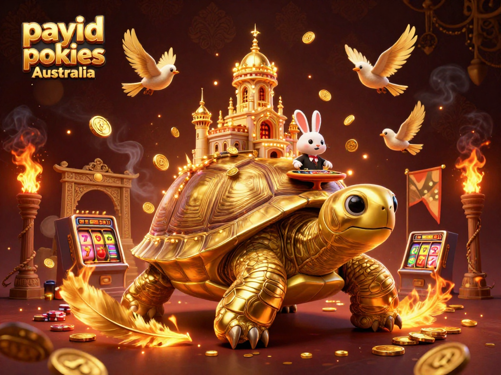 Engage with payid pokies Australia in a lively 3D casino scene featuring a tortoise and dealer.