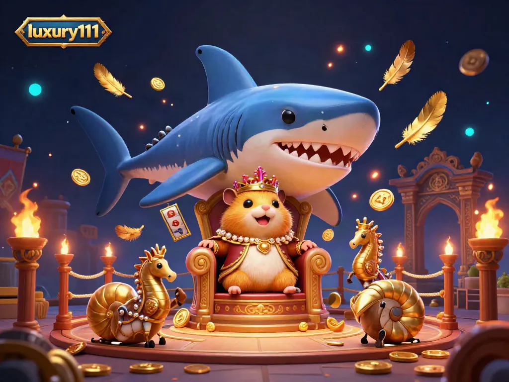 Experience thrilling gameplay with luxury111 as the golden hamster king leads a royal casino adventure in a dynamic scene.
