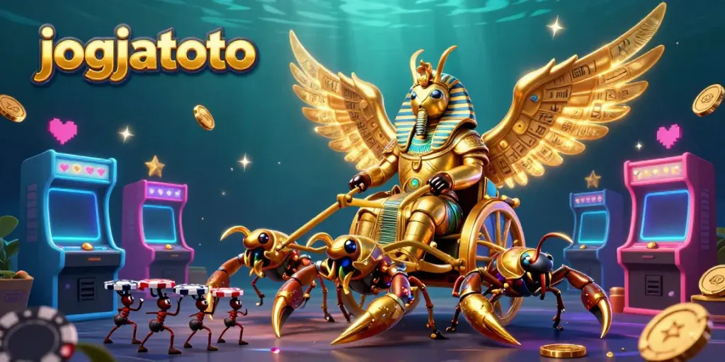 Engage with the vibrant gaming scene featuring jogjatoto, where a golden scarab beetle leads a dynamic casino adventure.