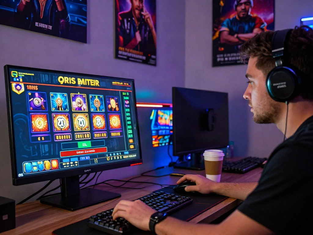 Player engaging with slot depo qris online gaming setup at home office.