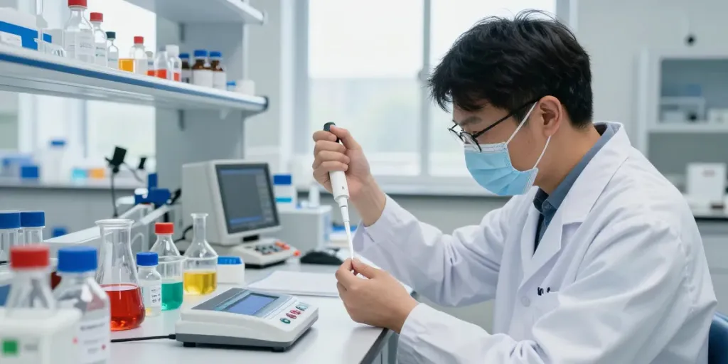 Scientist measuring glp3r peptide in a laboratory setting, emphasizing precision and research.