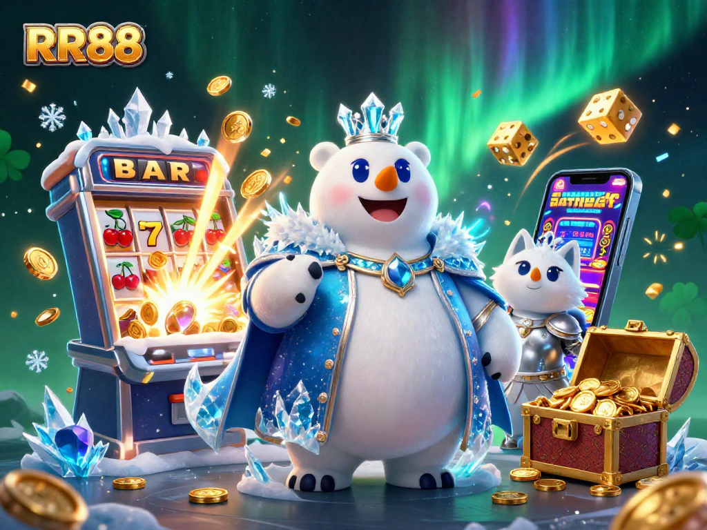 Experience the thrill of RR88's casino adventure with a 3D polar bear and snow fox amidst a jackpot frenzy.