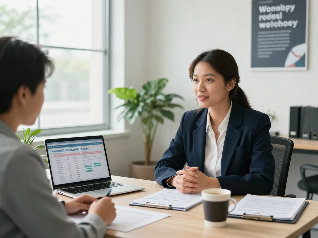 Client receiving credit consolidation advice in a professional office environment.