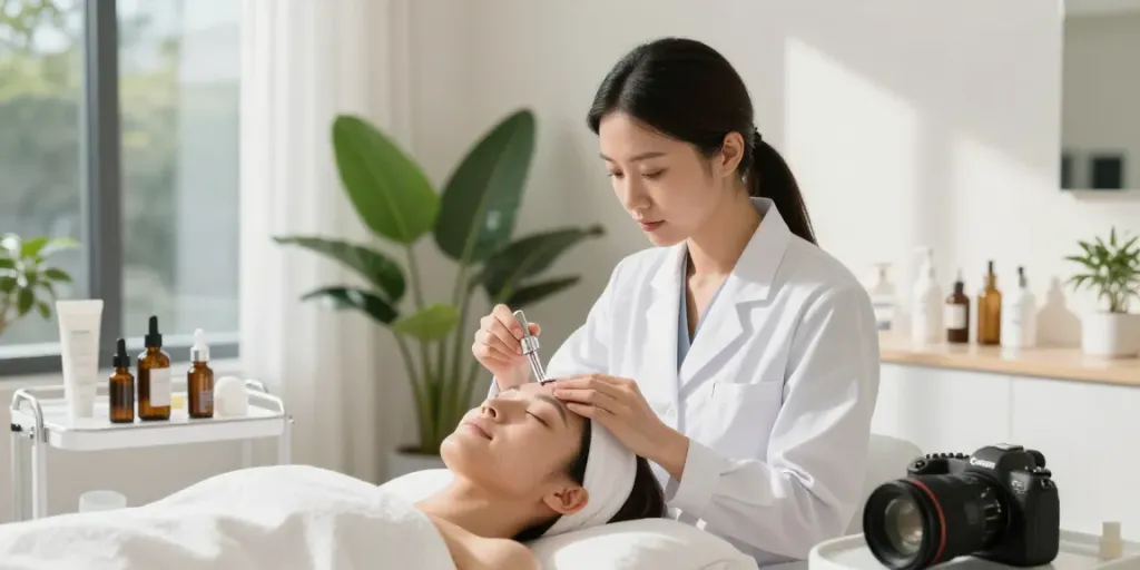 Glow peptide buy online, expert applying serum in tranquil wellness studio.