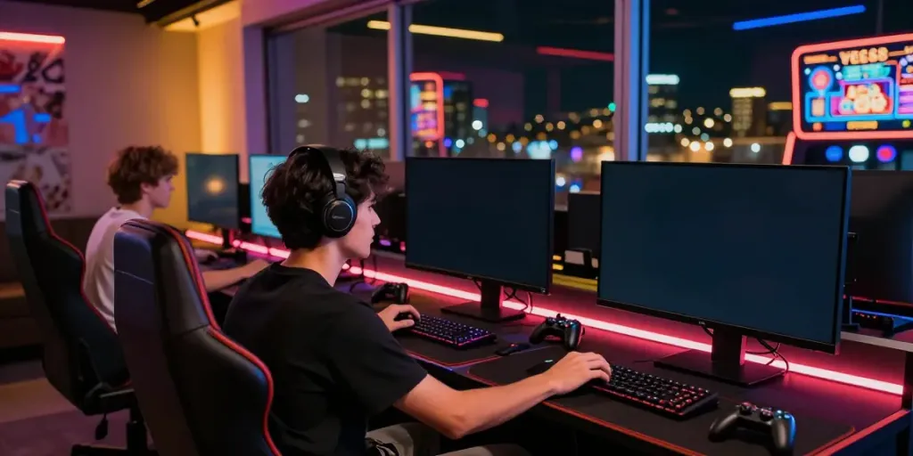 Immersive gaming setup with Vegas88 logo and vibrant atmosphere