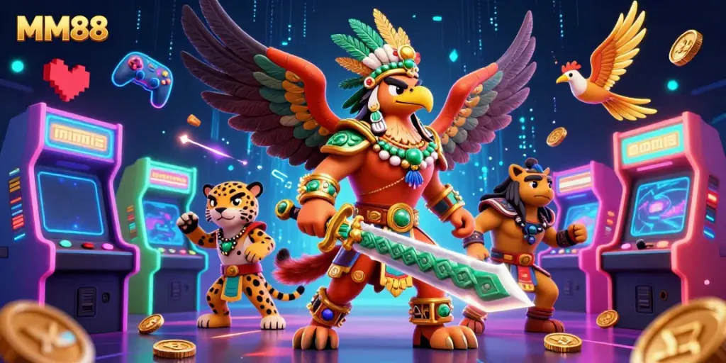Engage with MM88's vibrant gaming world filled with animated characters and casino elements.