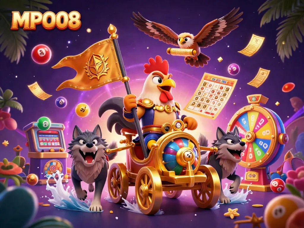 Engage with MPO08, a dynamic gaming adventure showcasing a rooster warlord amidst vibrant casino elements.