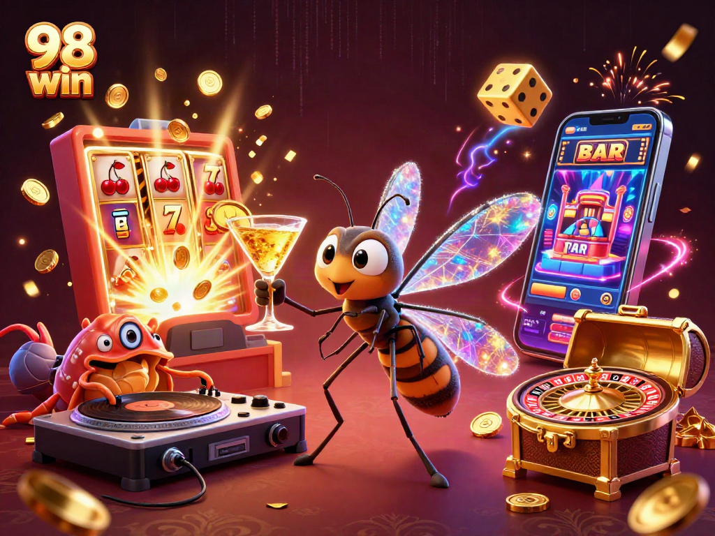 Experience the thrill of 98 win with a lively casino mascot and DJ illustration in vibrant 3D!