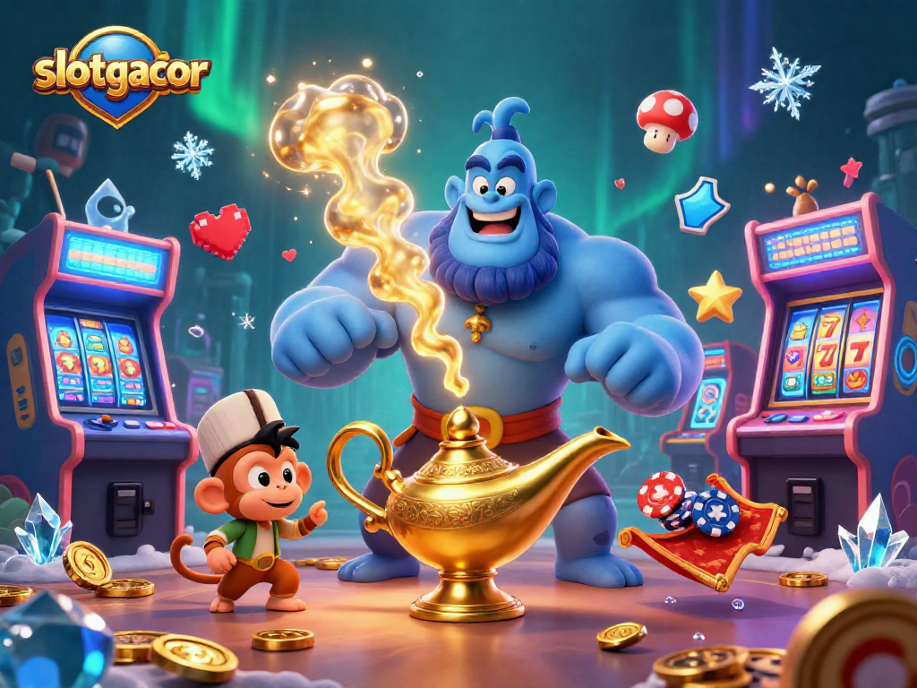 Experience thrilling slotgacor gameplay with vibrant, action-packed 3D casino elements including a genie and poker chips.