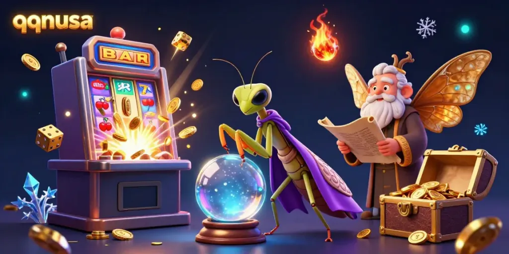 Engage with qqnusa through a captivating scene featuring a mystical fortune teller and vibrant casino elements.