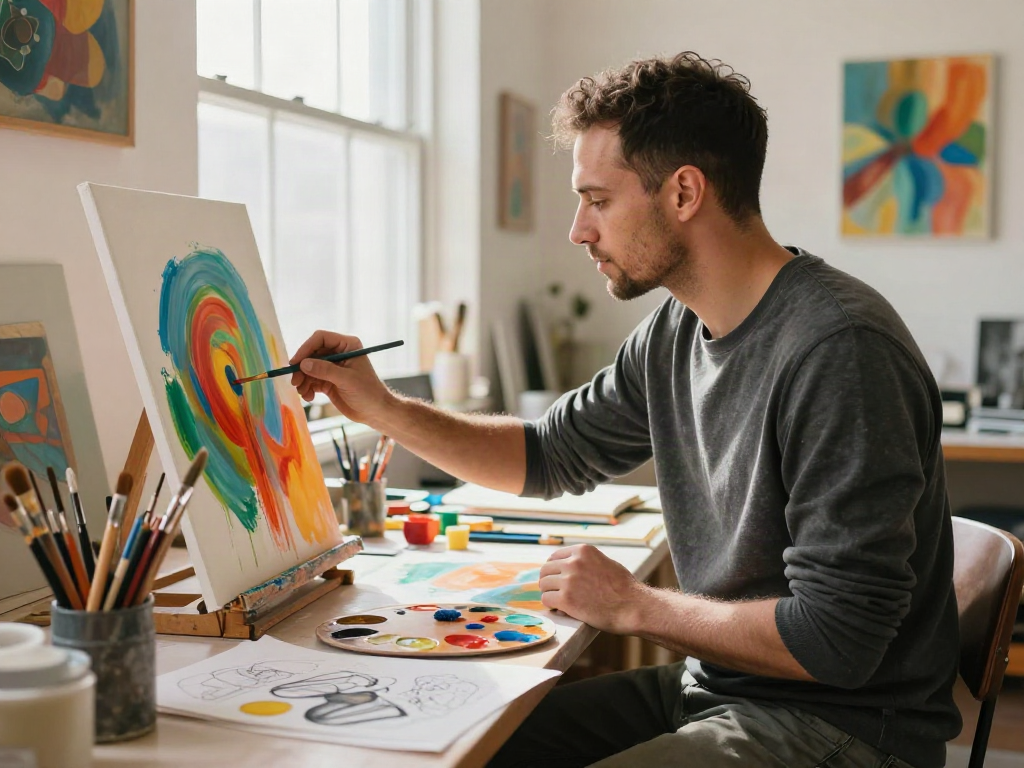 Artistic studio of Bruce Bailey Toronto with vibrant painting scene and creative workspace.