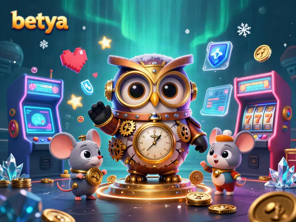 Experience thrilling gameplay at Betya with a vibrant casino illustration filled with steampunk characters and slot elements.