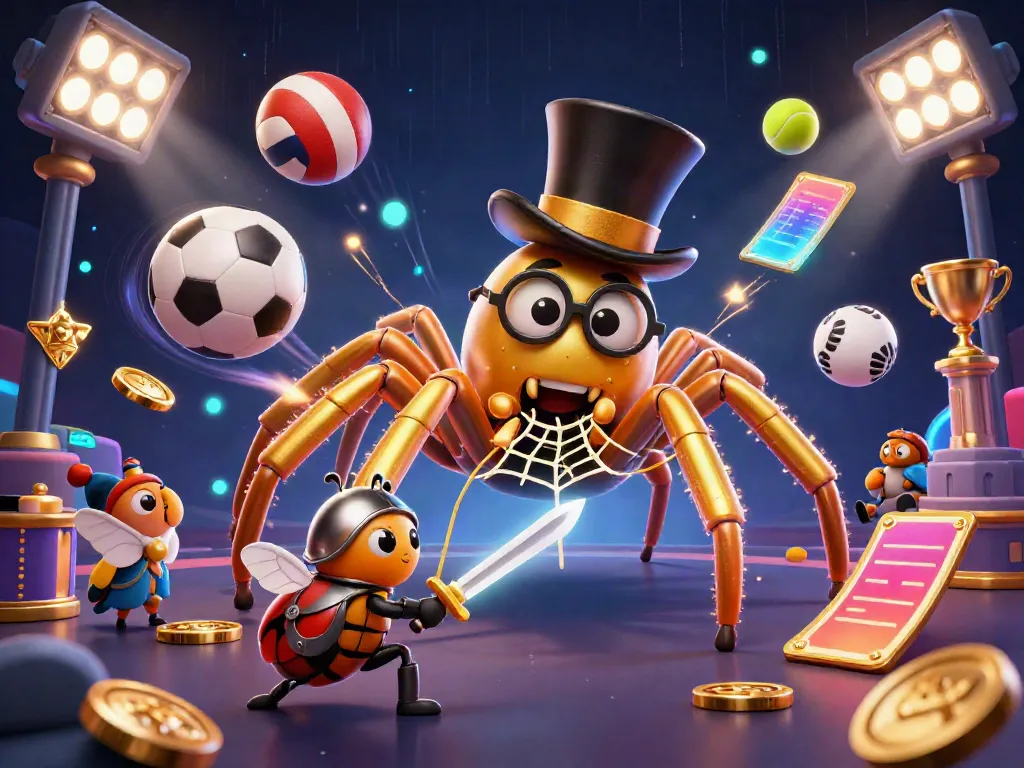 Mataramtoto presents a thrilling scene of a golden tarantula weaving a web in a lively casino backdrop, illustrating dynamic sports betting.