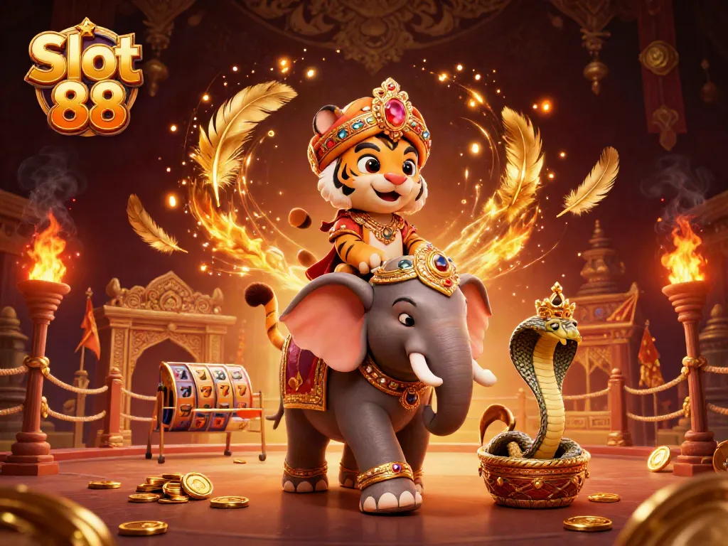 Engage with the vibrant Slot 88 scene featuring a maharaja tiger, elephant, and thrilling slot elements.