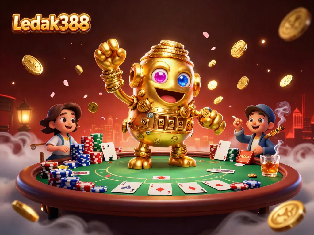 Engage in thrilling gameplay with Ledak388, featuring a golden golem and vibrant poker elements.