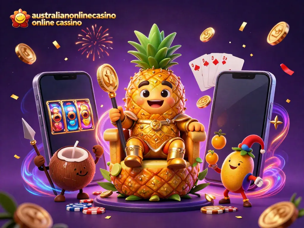 Experience the vibrant scene at australianonlinecasino online casino featuring a pineapple king and games.
