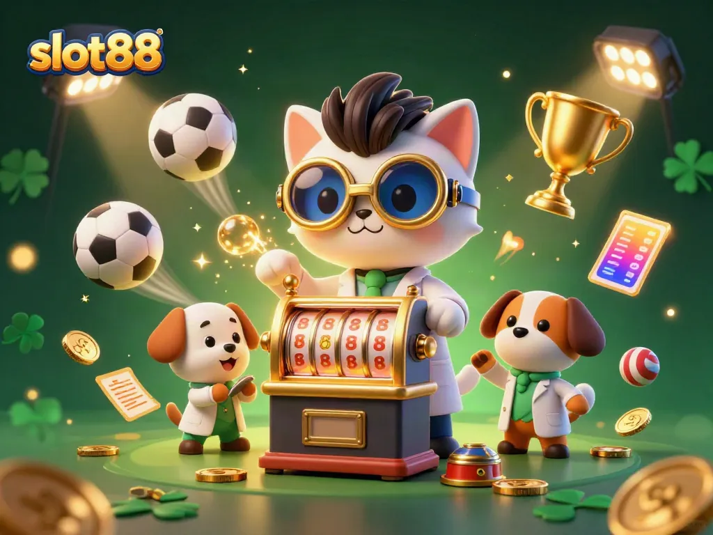 Spin to win with slot88's vibrant slot machine scene featuring a mad scientist cat and dog.