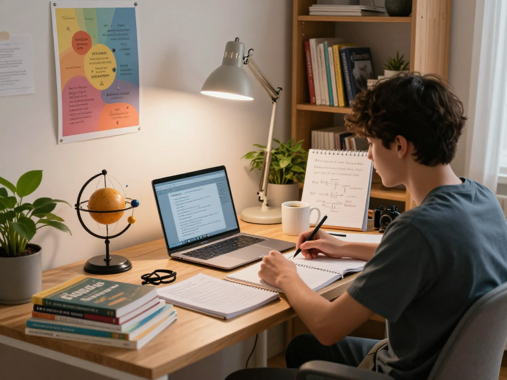 Focused student engaged in physics tuition with study materials, laptop, and inspiring decor