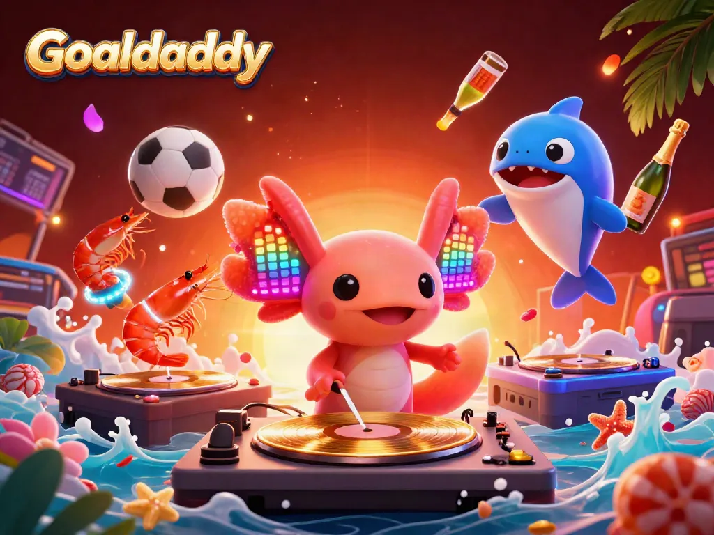 Engage with Goaldaddy's vibrant sports betting scene featuring lively characters and dynamic gambling elements.