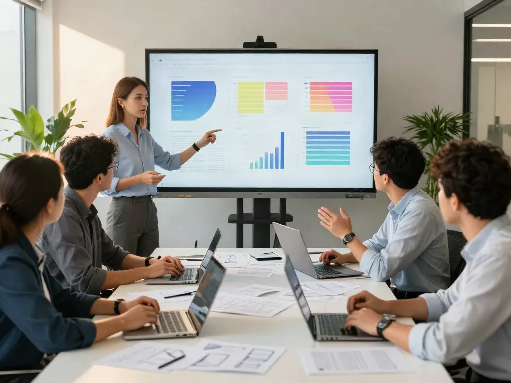 Team discussing business strategies with detailed reports, showcasing here are the findings in a professional office.