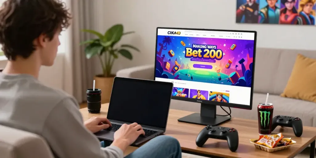 Engaging user interacting with the CIKA4D gaming platform on a smartphone amid colorful Mahjong Ways visuals.